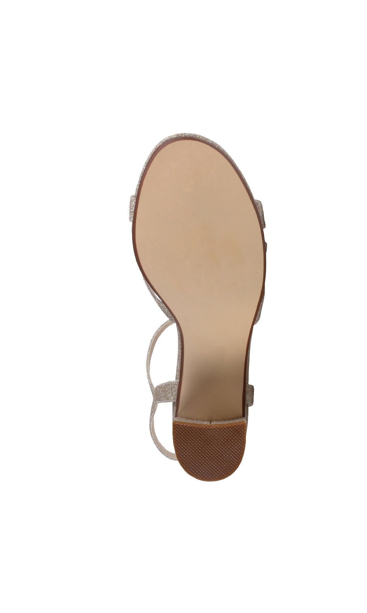 Bottom view of Elle Champagne Glitter Prom Shoes: Touch Ups 4642, featuring a single beige block heel with a smooth sole and textured heel tip, displayed against a white background.